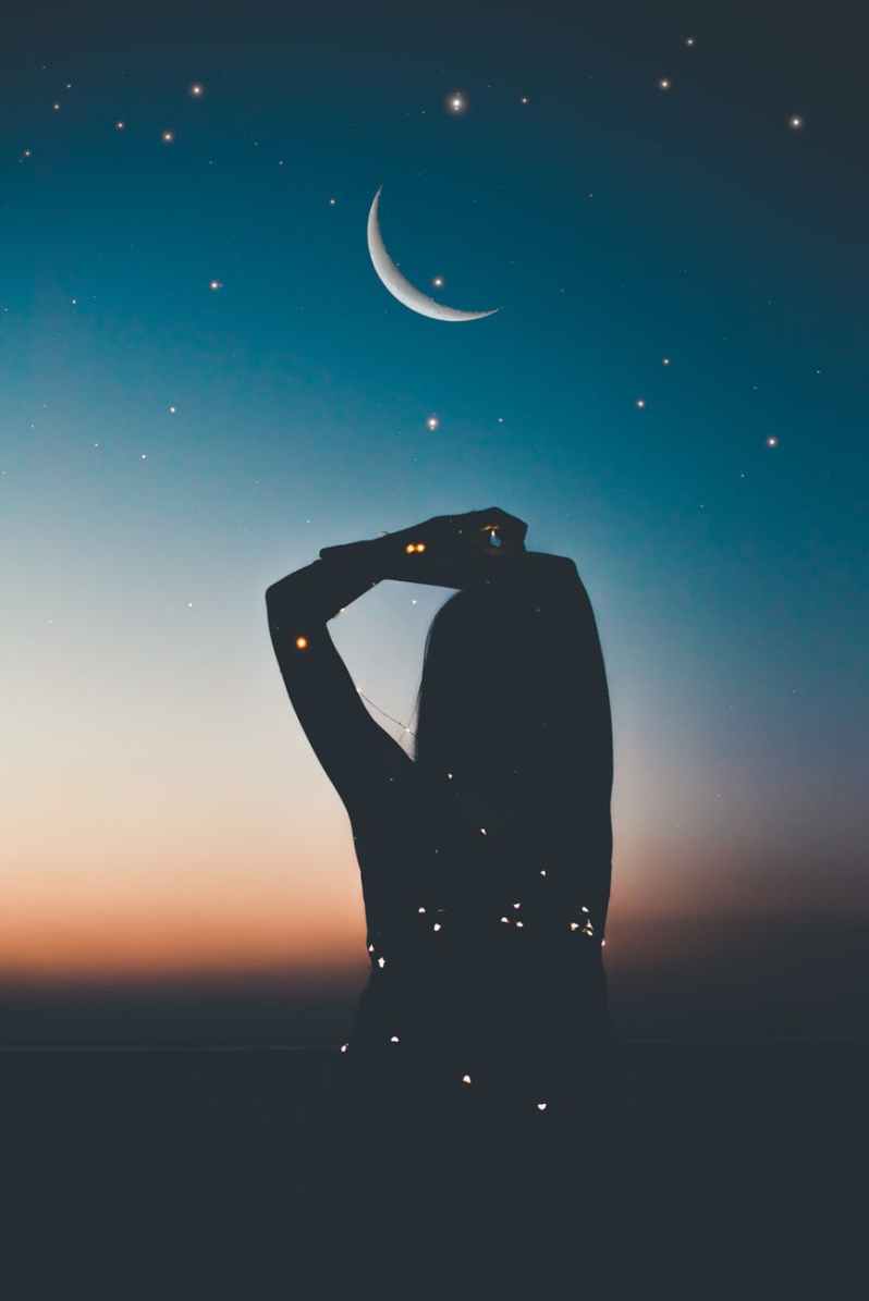 silhouette of person under starry night artwork