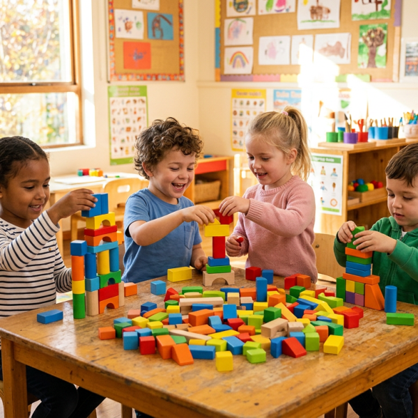 Four children sitting around a table building towers with colorful wooden blocks in a classroom