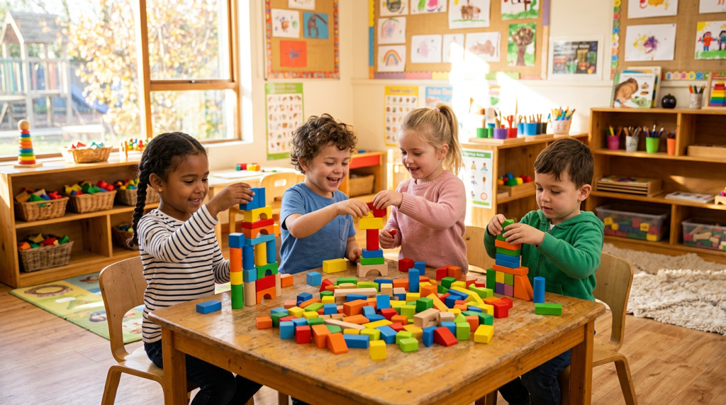 Four children sitting around a table building towers with colorful wooden blocks in a classroom