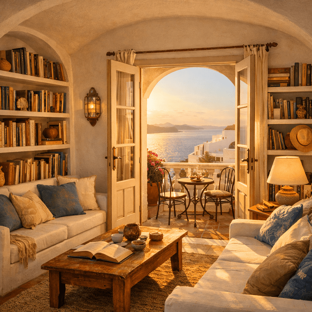 Cozy living room with open doors leading to a balcony with sea view at sunset