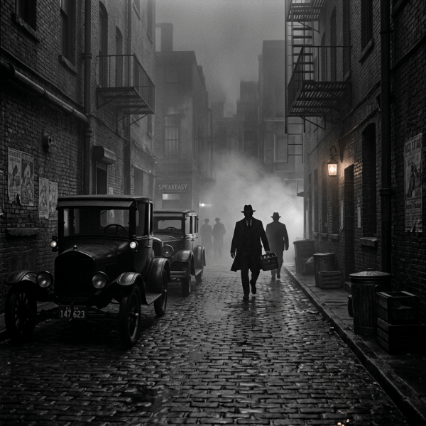 Men in 1920s attire walking through foggy alley with vintage cars and speakeasy sign