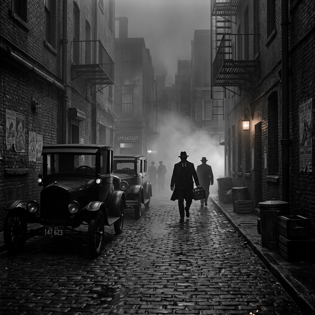 Men in 1920s attire walking through foggy alley with vintage cars and speakeasy sign
