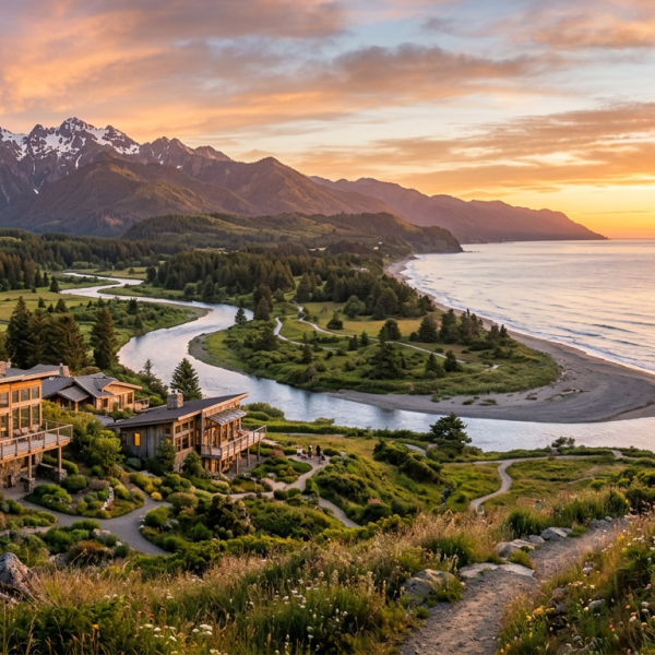 River winding through lush landscape towards ocean with mountains in background at sunset