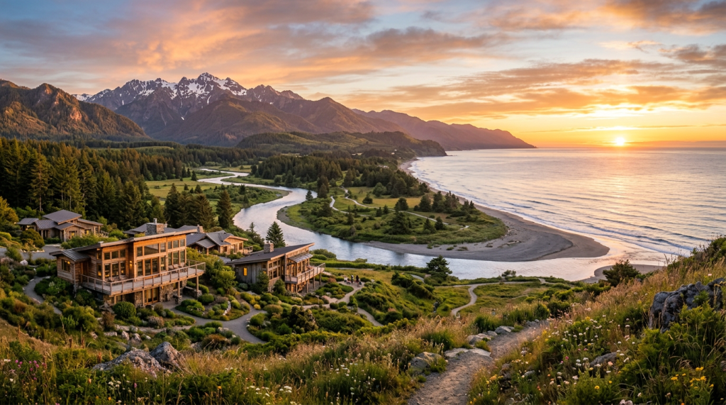 River winding through lush landscape towards ocean with mountains in background at sunset