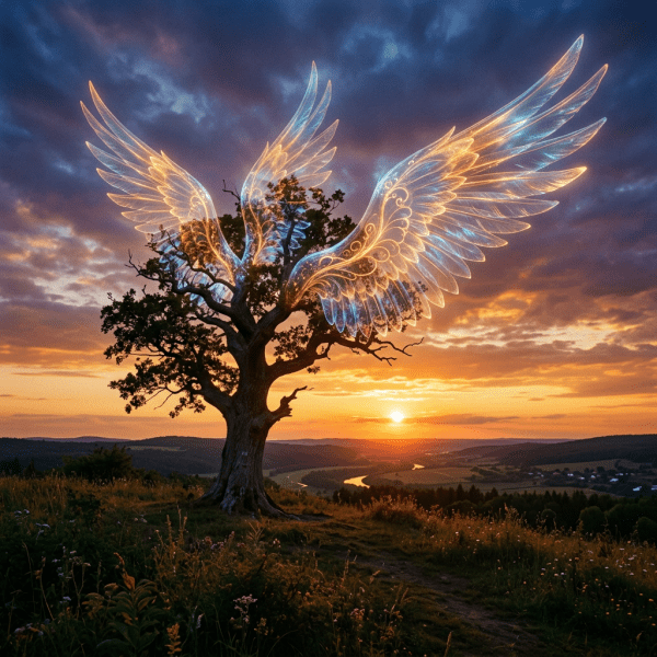Tree with glowing translucent wings illuminated against a colorful sunset sky