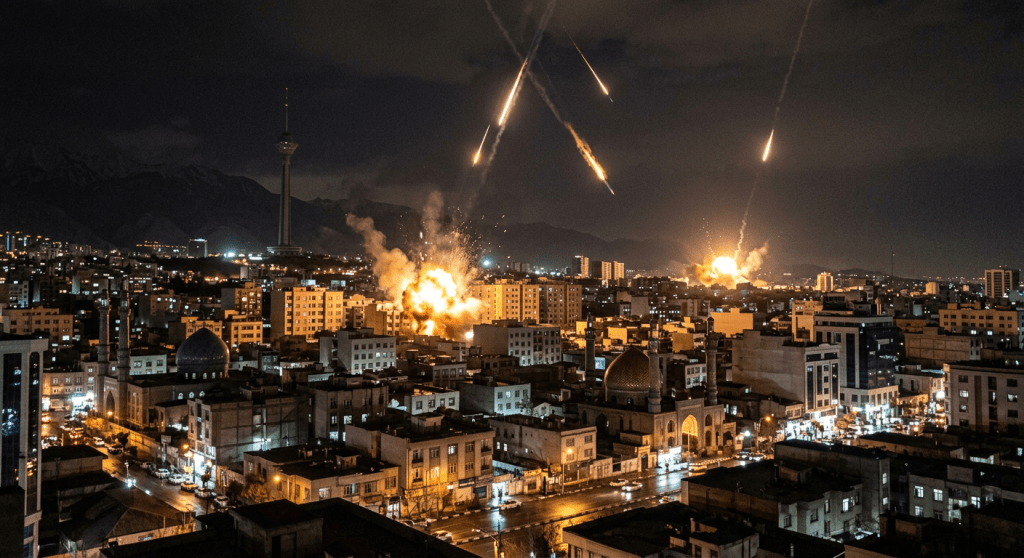 Explosions and rockets launching over a city at night
