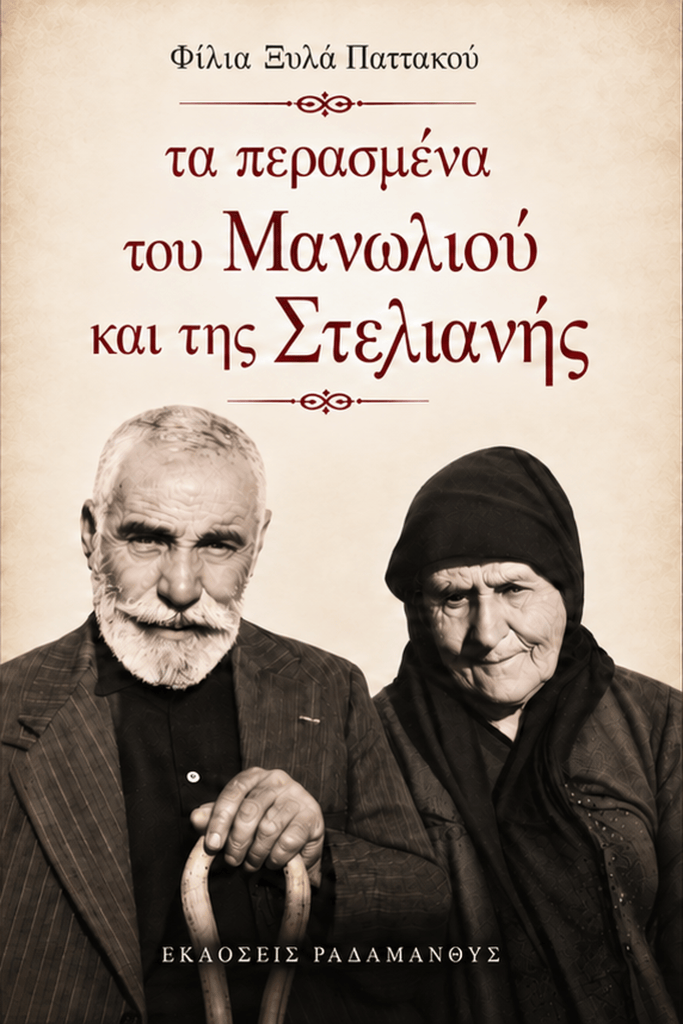 Εξώφυλλο βιβλίου με τον τίτλο 'τα περασμένα του Μανωλιού και της Στελιανής', που απεικονίζει δύο ηλικιωμένα άτομα, έναν άνδρα και μια γυναίκα, με παραδοσιακή ενδυμασία.